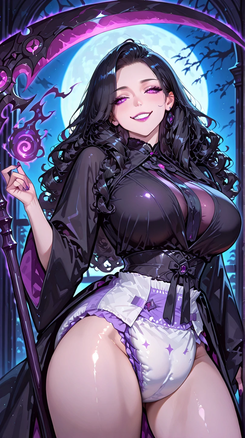 1woman, long wavy black hair, purple headband, gothic makeup, black eyes, purple lipstick, angry face, purple blouse with black heart print, black tight skirt, long black boots, big breasts, big ass, street background