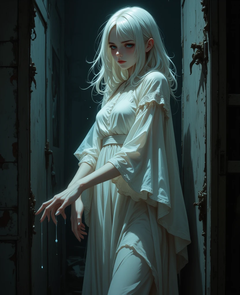 The cat lady in white silk was lying on the bed,Leaking seductive eyes