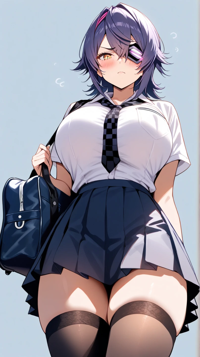 1 girl, Minamoto no Raiko \(fate\), fate/great order, Masterpiece, Best quality, newest, Ideal Anatomy, slender body, , detailed eyes, Perfect eyes   |||||  |||||   from the nanny, by GlassJill |||||  ||||| ,, school outfit, School skirt,, stockings, ,Charming hips, One, purple eyes,, posing, lower chest, At school, campus