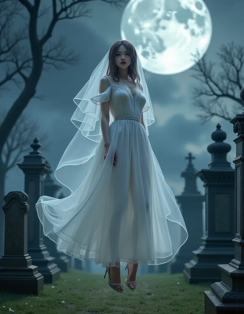 In the night graveyard near the open coffin standing beatiful pale bride female, she have pale skin, beatiful face with silver eyes dark red lipstick black eyeshadows and black tear trace on her face, her haie is black as the darkest night, she dressed in old wedding dress with holes and blood stains and bare feets, in her hands she holding withered black rose bouquet, she have greennish glow aura around her, there is blood moon in the sky,(ultra high quality fantasy art, ghothic dark fantasy style, masterpiece, ultra high quality character design, 8k quality anime art, realistic anime art, top quality wallpaper illustration, detailed ultra high quality accurate face, high quality design and accurate physic)