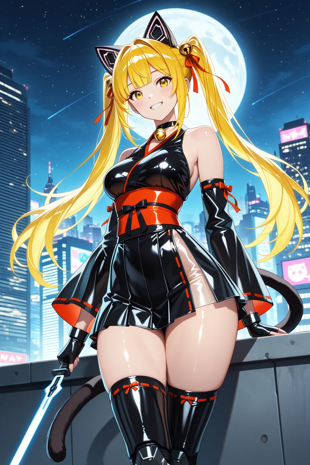 hight resolution, absurdres, best_Quality, Ultra_Detailled, 8K, extremely_clear, photo, beautiful, Beautiful face, Scharp Focus, HDR, 1girl, Clean eyes, very wide-eyed,cyberpunk megacity background , hanabi, Beautiful face, very red areola, standing , very seductive pose, very young, teen, no bra, bare chest, No Top, NSFW, Blond long hair with red ends, bangs, twintails, hair ribbon, pierced ears, (yellow eyes:1.3), karane inda