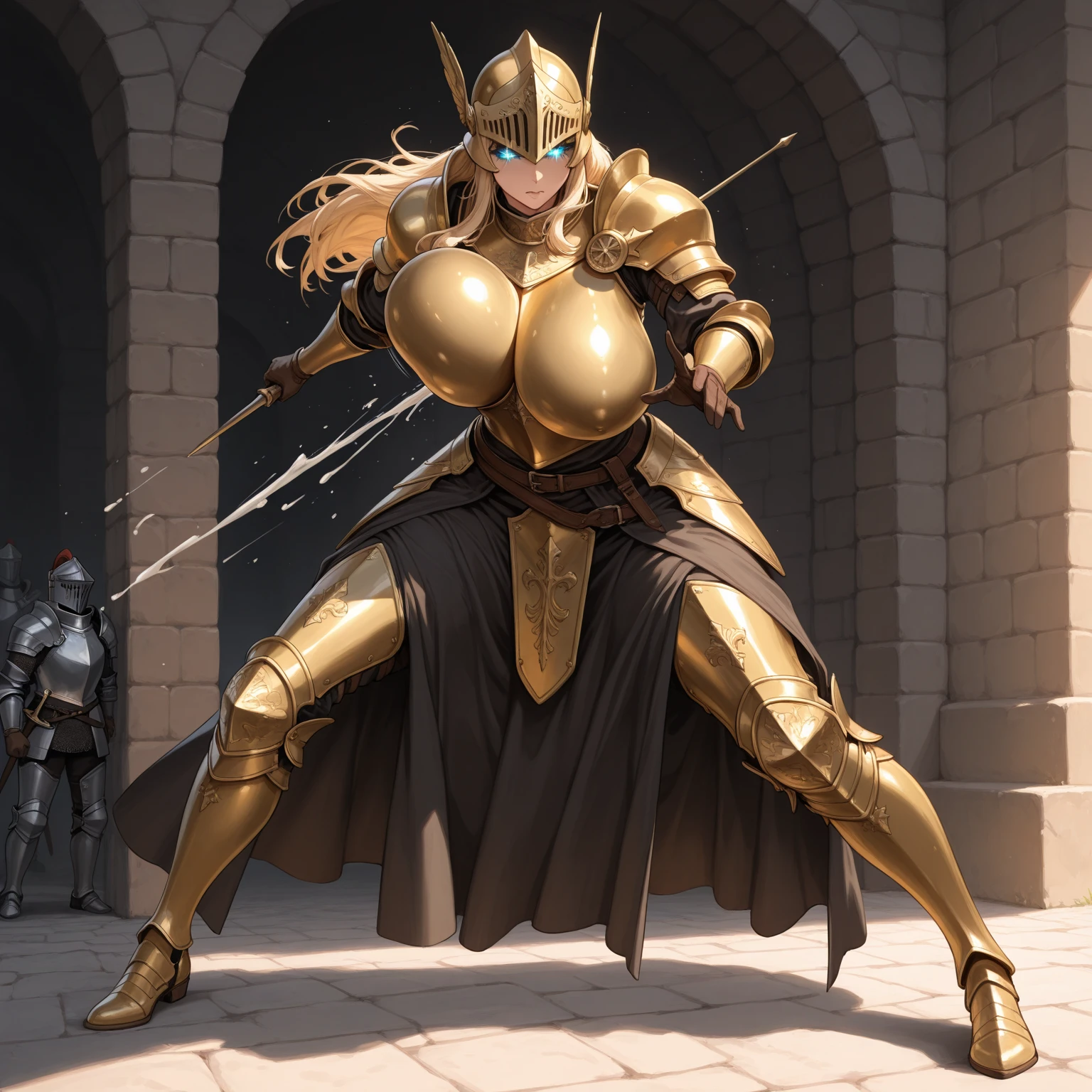 bronze skin, tanned, gorgeous woman, full body shot, muscular, blank background, black background, blonde, armour, tall