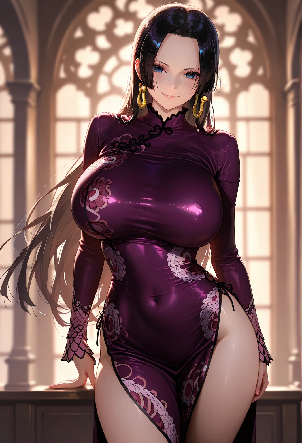 (masterpiece), best quality, expressive eyes, perfect face, perfect anatomy , long ribbons black side braided ponytail, golden eyes, cute blushy expression, large lifted breasts, wide hips, thicc thighs, very intricate details, cleavage, luxurious sensual long purple dress with bronze details, city streets background,
