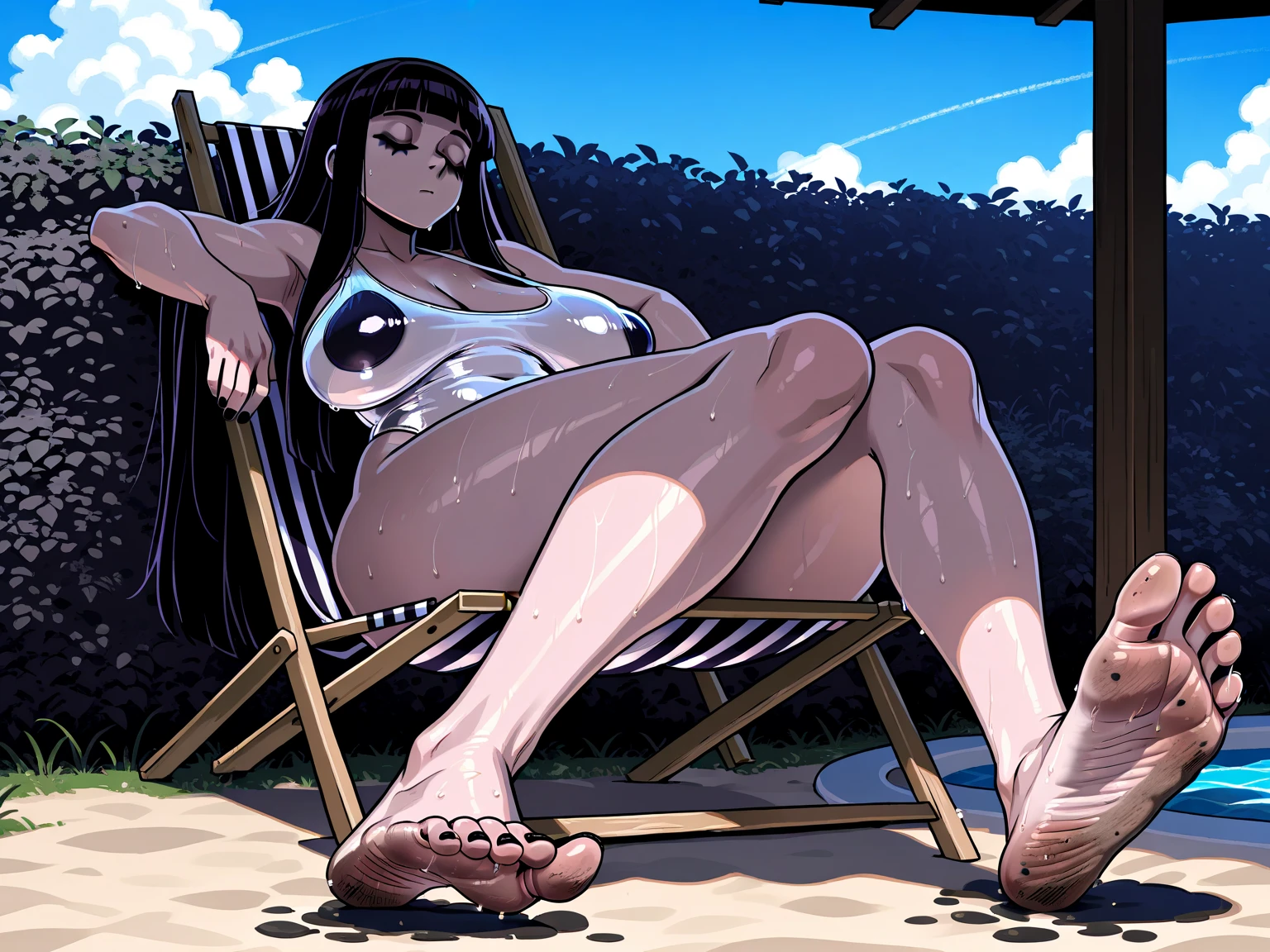 You are the beautiful "nico robin" vom ANIME One Piece, lying on a beach under many palm trees, with legs spread. atmospheric perspective, Atmospheric light, 8K, Exactly, best quality, naked female body, super detailed, correct anatomy, big naked female breasts, female masturbation, Thick labia.