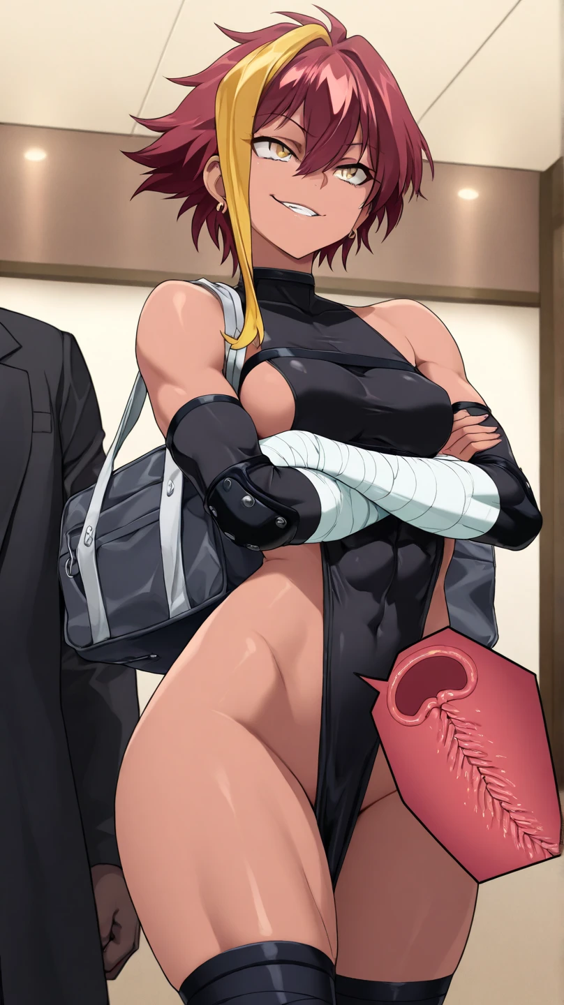  , gauze
High quality ,  best quality , masterpiece,  high resolution , щfellьца,anime coloring
1girl,One,Cool woman,  Beauty , Beauty in menswear
, black women's school bag, yellow eyes, short hair, red hair, yellow hair, multicolored hair, single sidelock, middle chest, toned
, Main outfit, earrings, black trench coat, chest strap  , elbow pads, bandaged arms, black stockings, Bandaged leg,  pelvic diaphragm 
, a restaurant, 
looks at the viewer, close ,  Struggle, black man, bodily blockage, blood splashes
 bare legs, The suit turns into a high-cut combat jumpsuit with open hips. In essence, this tight, bodysuit goes down in a triangle, with side slits, like fantasy anime combat dresses. The sides are almost fully open,  inflated legs , sexy legs, big hips, fell, The suit is torn , pressed in the groin , the groin area is open