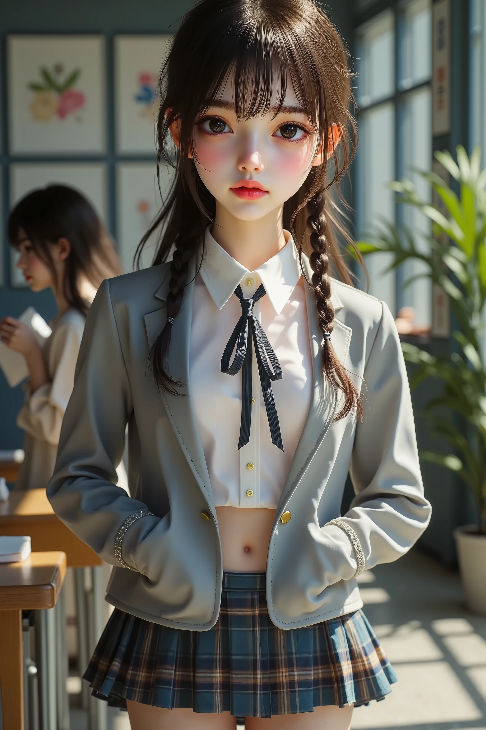 midjourney_whisper_innocent_eyes,1jlxl1,cute ung girl,cute young girl,女の子,可愛い,in the night, (full body shot:1.2), (from below:1.4), (Worm’s-eye View:1.2), (wide-angle lens:1.3), (lower angle:1.3), (flat chest:1.4), (full body shot), (long legs:1.6), slim body, thin legs, thin thighs, (light smile), (smile), (grin:), a girl, from front, small hips, Japanese girl, (model style body:1.2), POV shot, looking down at the Viewer,
Japanese traditional school girl’s uniform, brezar, taillored jacke8, light grey, jacket, dress shirt, ivory, stand−up collor, with ribbon−tie, dark blue, belt, leather, dark brown, with gold buckle, mini skirt, pleated, tartan, ankle socks, white, role up,
penny loafer. brown. loafer. (a masterpiece:1.2), (the higaringhest quality:1.2), super detail, best quality, retina, UHD, accurate, anatomically correct, textured skin, super detail, high details, high quality, award winning, best quality, highres, 1080P, retina, UHD, HD, 4K, 8k, 16k,
brown hair, medium hair, wavy hair, twin drills, asymmetrical bangs, twin braids with double bun,
she is standing with both hands on hips, in the class room, the lights are out, (A strong light shines on her, darkening everything else.),