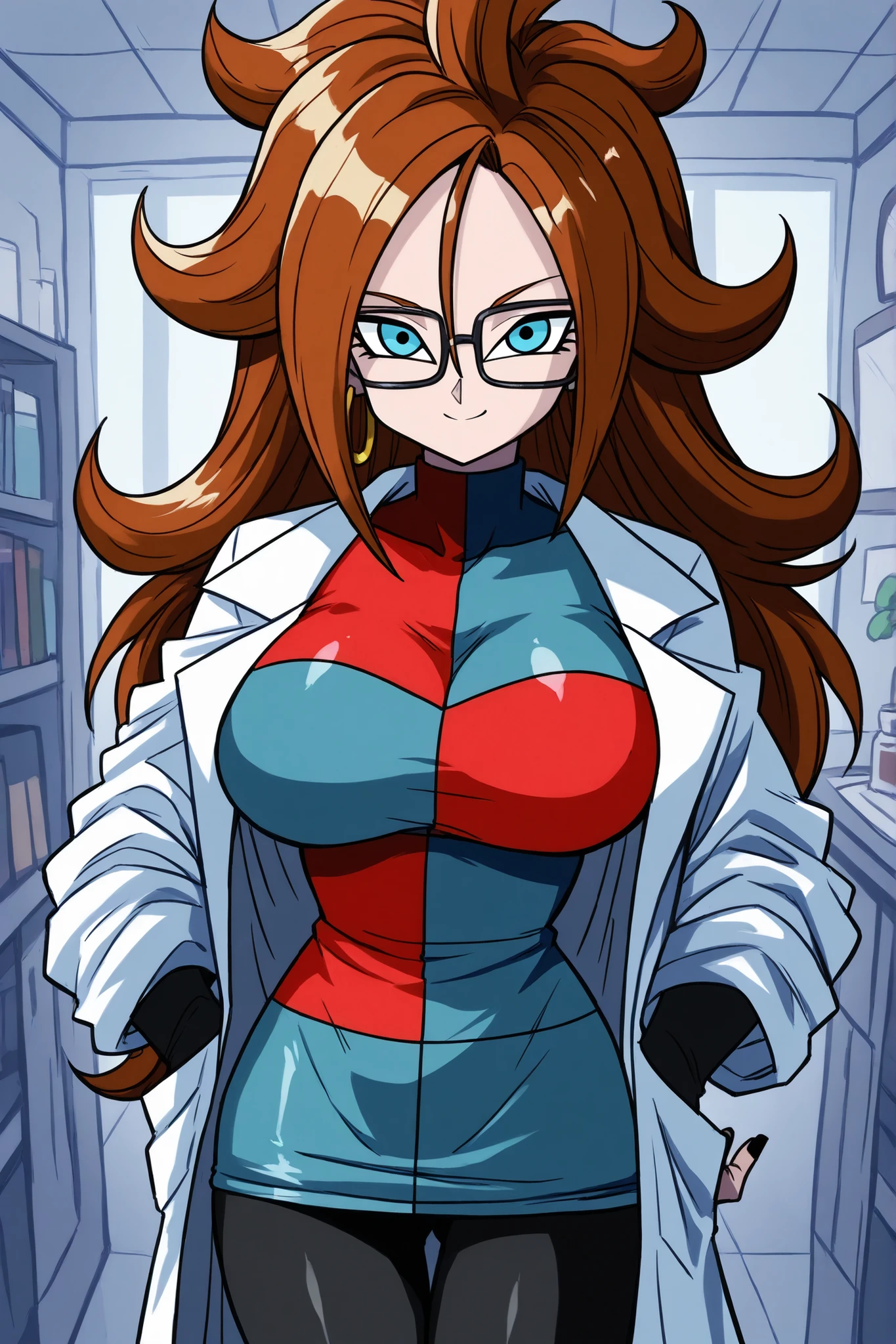 android 21, blue eyes, brown hair, glasses, long hair, very long hair, black-framed eyewear, happy face, little smile, close mouth, black sleeves, checkered clothes, checkered dress, detached sleeves, dress, lab coat, turtleneck, indoors, Black pantyhouse looking at viewer, sexy body, large breasts, front view, standing, Black pantyhouse, Black pants, black nails,