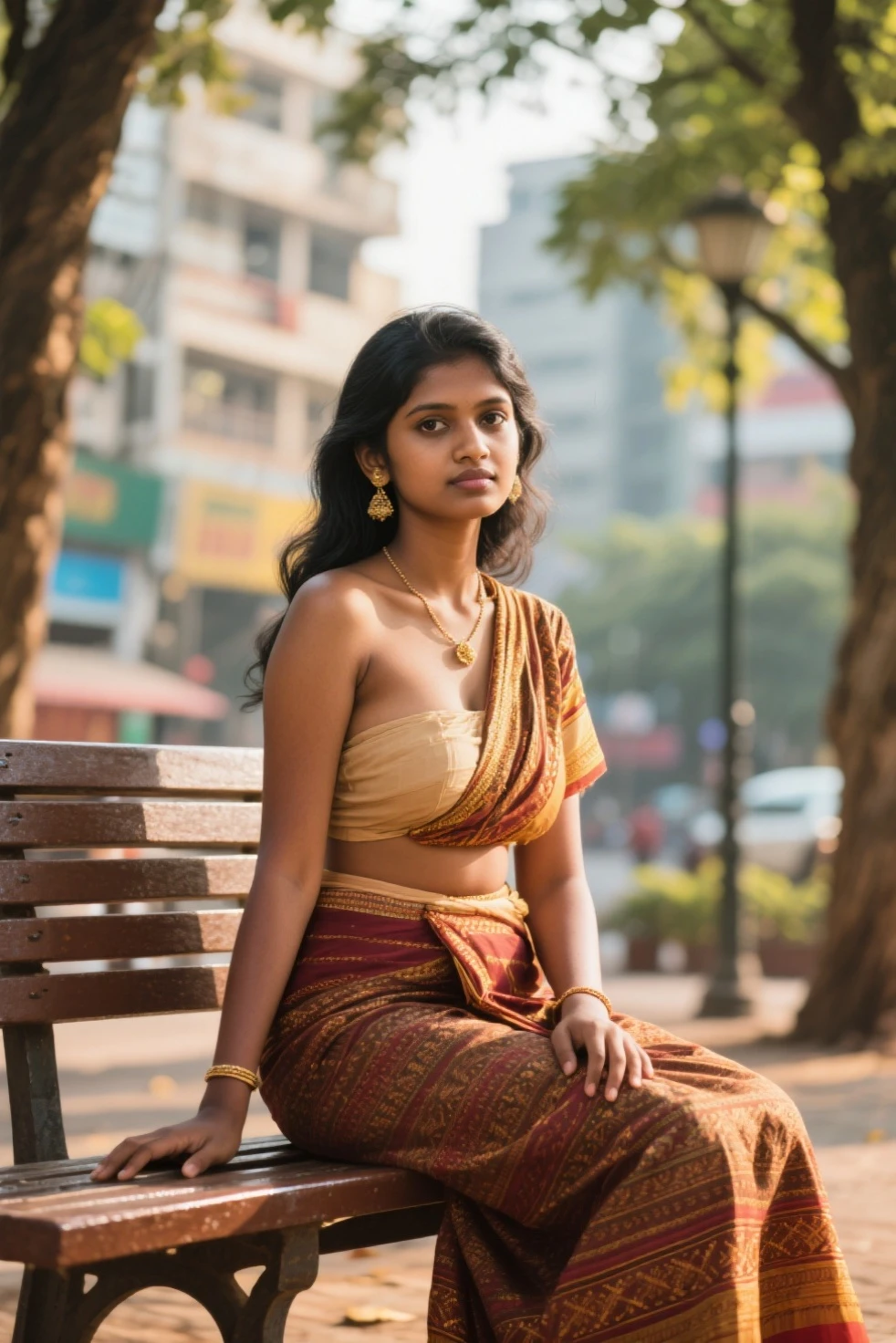 an overcast lighting (closeup:1.15) (medium shot portrait:0.6) mobile photography , shot on a mobile, big breasts, photograph of a beautiful indian woman standing on an indian market, wearing a cropcut outfit, small handbag on shoulder looking at me, coy slight smile