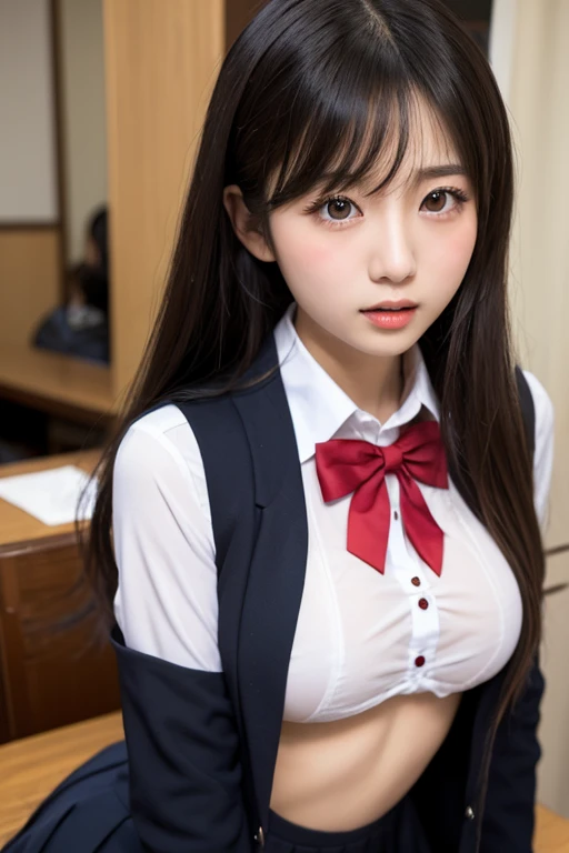 (8K, Raw photography, top-quality, ​masterpiece:1.2), muster piece, best quality, illustration, Super detailed, fine details, High resolution, 8K,wall paper, perfect dynamic composition,(Details High quality, realistic depiction of eyes:1.3), ((2 girls, 2 schoolgirls)), The background is a luxury hotel room、High school girl uniform、blazer 、Super Short Check Uniform Skirt、Navy blue high socks、garterbelts、Colossal tits、Disturbed uniform, Play with each other,Touching each other's bodies,Touching the body of the girl next door, short bob hair, black hair color, huge breasts, Big Natural Color Lip, bold sexy pose, (perfect body shape), crying a little、cold gaze, Harajuku style、Beautiful makeup,glitter makeup,Cutest 18 years old、 beautiful legs, hposing Gravure Idol, Voluptuous thighs