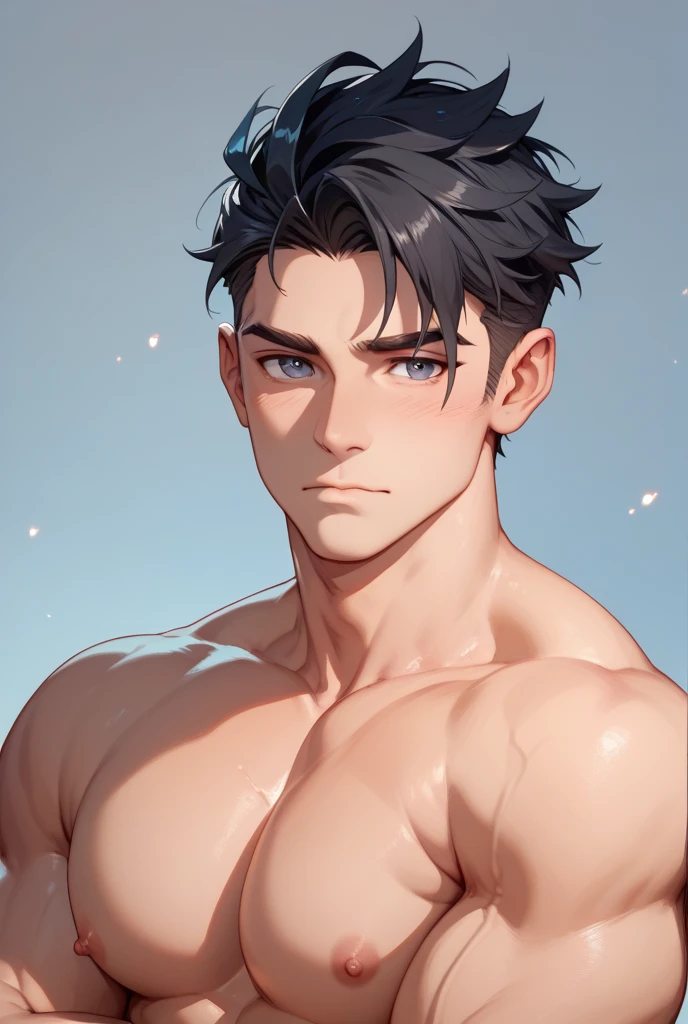 handsome asian boy. very short hair. defined jaw