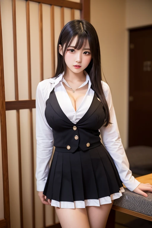 ((Highest quality, 8k)), ((masterpiece)), (Familiar), Perfect Face, Fox Woman, Beautiful woman, public, Has a tail, She has thick thighs, Long Tail, She has a northern fox tail, She wags her tail, smile, collar with bell, she is wearing a short skirt, Beautiful Hips, Big Breasts , A large tail protruding from the skirt
