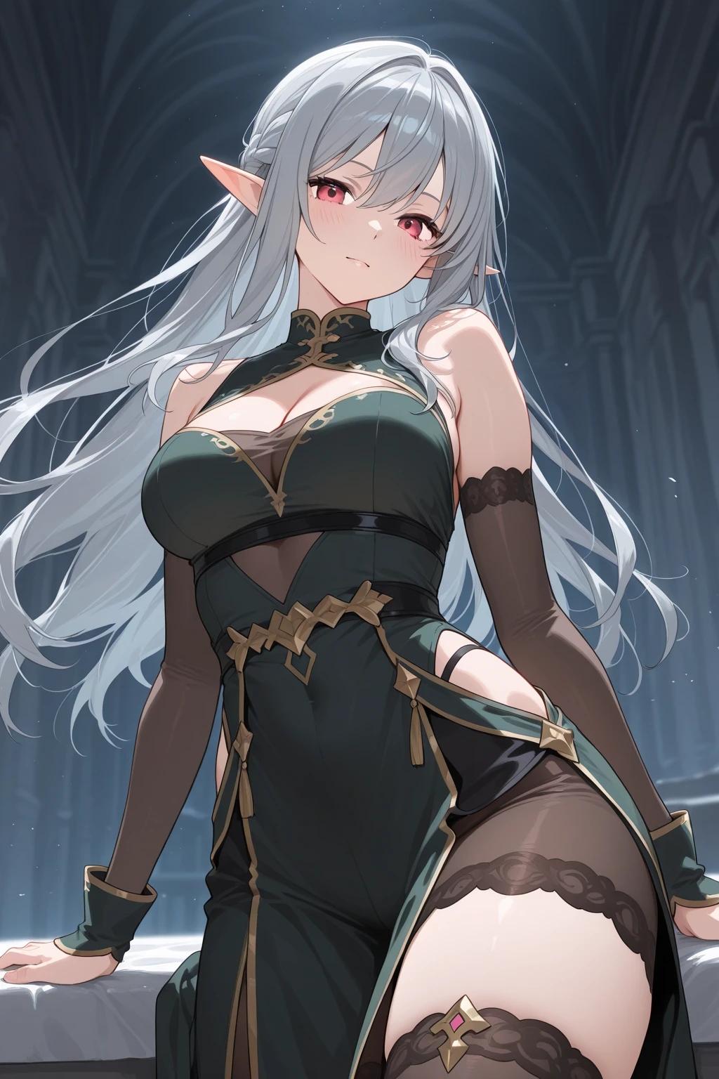 1girl, anime, cute girl, elf, blank background, white background, fantasy, detailed dark fantasy dress with highlights, beautiful face, beautiful eyes, dark colors, medium breasts, slight cleavage, beautiful skin, cute, silver hair, red eyes, breast curtains, extremely delicate and beautiful, (beautiful detailed face:1.0), (detailed deep eyes), symmetrical breasts, deep eyes, shiny skin, portrait, slender waist, hips wider than shoulders, thighs, young girl