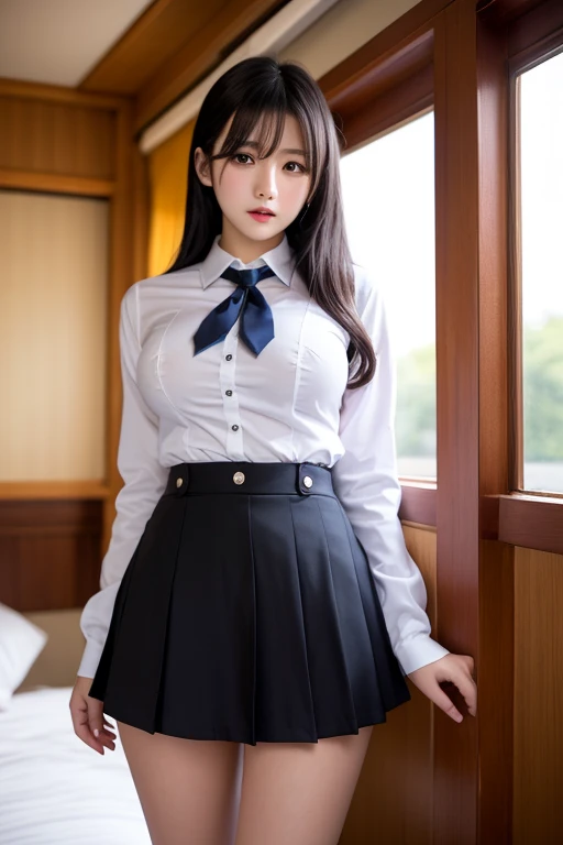 Highest quality,beauty,Beautiful face in every detail,Angry face,Japanese,Long Hair(Black Hair,With bangs,)Very large eyes,(Red eyes),beauty,Big Breasts(Big Breasts,very large areola,extremely Big Breasts,Deep Valley,Big Breasts,Brown areola,)Big Ass,1.8,Highly detailed costume, smile, High school girl uniform blazer,Pleated skirt(Tiny mini skirt),super high quality,Wide-open legs,Ocean,naked,