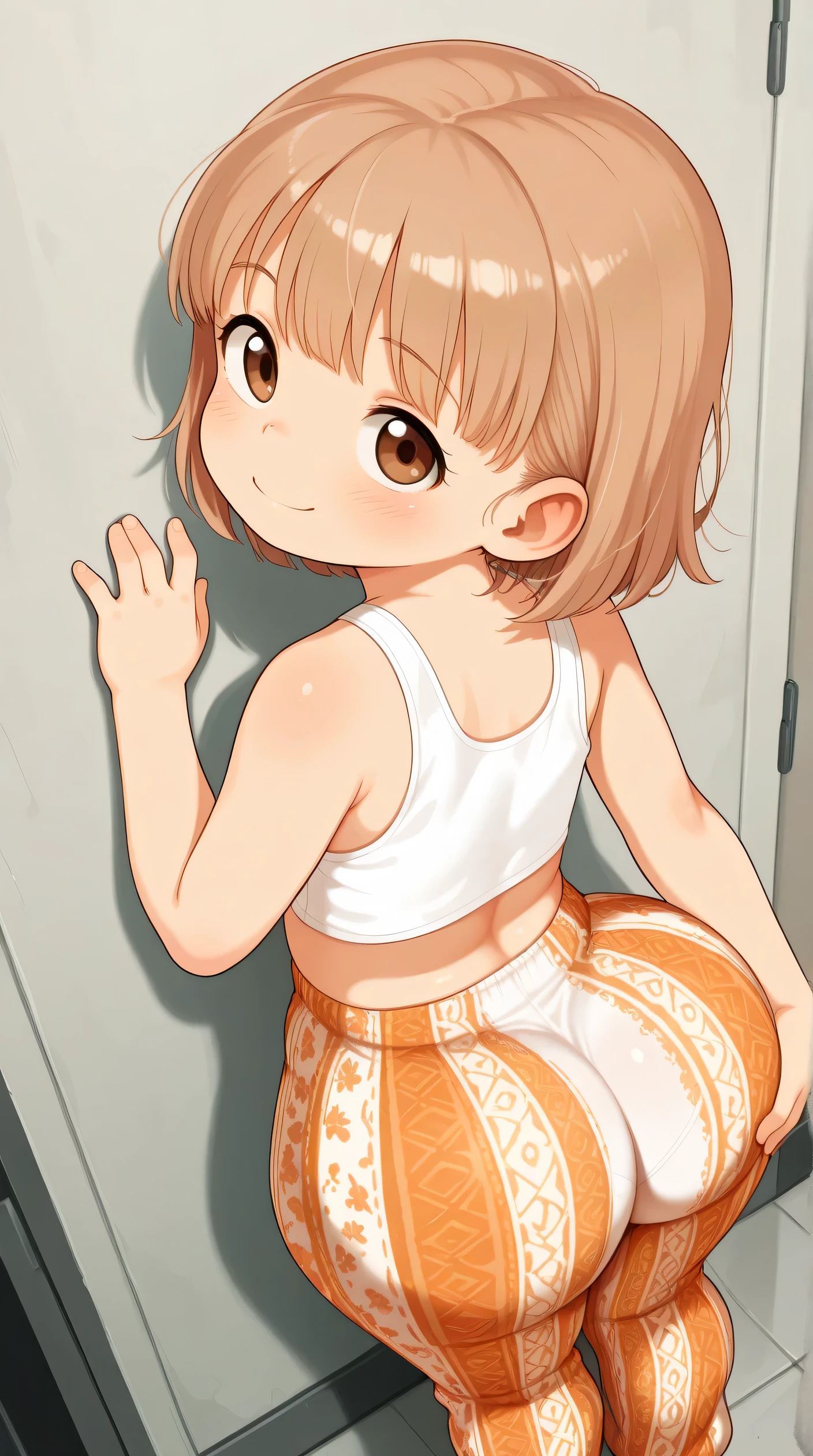 masterpiece,child, below the age of 18, 10 years old, little-girl, shortstack, under-age, early/teens, im/mature, Juvenile, short, from above, 130 cm tall, short, petite, underwear outline, best quality, highres, absurdres, 1girl, long light brown hair, brown eyes, freckled body, white crop top, printed flare pants, ass, hand on butt, looking up back, smile, Leaning against a wall,ass