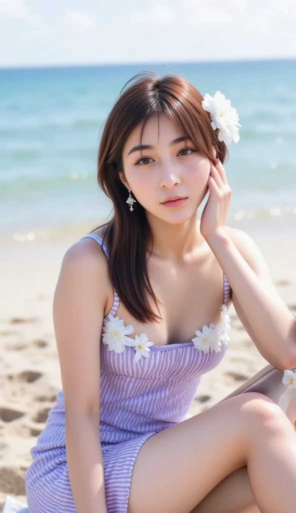 (Highest quality、8k、32K、masterpiece)、(Realistic)、(Realistic:1.2)、(High resolution)、Very detailed、Very beautiful face and eyes、(((Women's Solo Shot)))、Frame In、Tight waist、(Highest quality、Attention to detail、Rich skin detail)、(Highest quality、8k、Oil paints:1.2)、(Realistic、Realistic:1.37)、Bright colors、(((Cowboy Shot)))、(((Bob Hair)))、(((smile)))、(((Brown Hair)))、(((Pink and white checked tank top)))、(((White chiffon skirt)))、(((I'm on the beach)))、(((I can see the horizon)))、((Arms crossed))、(((blue sky)))、