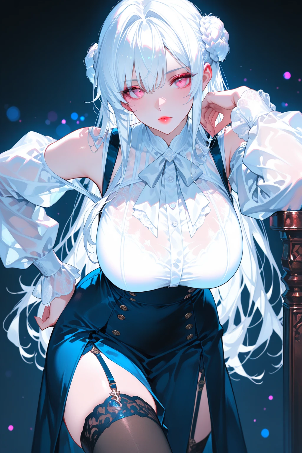 Girl. revealing dress.Satisfying saltiness.long hair covering one eye .was using her hands to press her huge breasts on the confused and shy boy's head