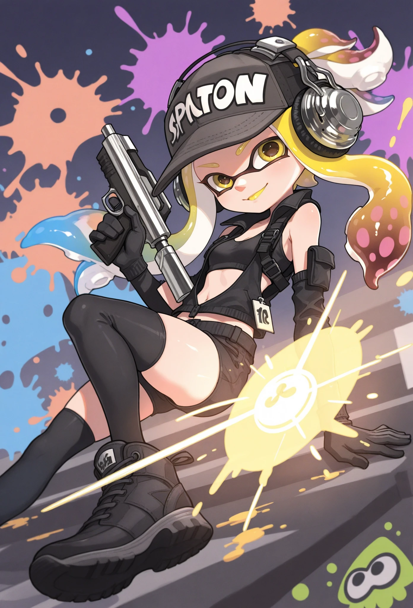 masterpiece、Highest quality、High resolution、One Splatoon girl、AS-Adult、Open Mouth Smile、(Tsundere)、Golden Eyes、(blush)、Golden ponytail tentacle hair、Gal Makeup、Earrings、accessories、shirt、Skirt、((Huge boobs、Cleavage))、Chirarizum、((Japanese high 、White Sailor Suit))、Seraphim、Summer clothes、Full body portrait、Real Anime、3d、school、In front of the school gate、Situational Art、