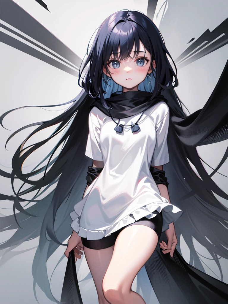 A girl with long black hair with white peekaboo highlights, white eyes, fair skin tone, slender and athletic built, ying yang full clothed, detailed hair, detailed body, best quality, aesthetic, 8k