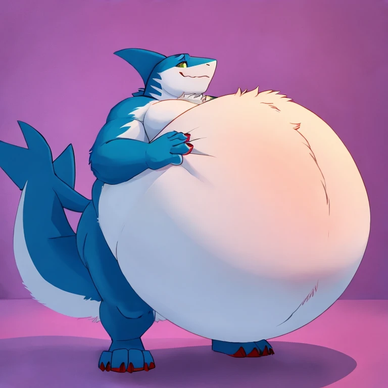 Veemon、Giant Monsterountain of fat、The body is buried due to fat、The stomach is triangular、、Extreme obesity、very thick fat、my stomach touches the ground、Stomach like a giant balance ball、Saggy belly、detailed eyes, very very small face、head smaller than neck、Thick and short thighs、very very tall、animal-like legs、Cheeks that store fat、thick and short arms、huge torso、thick neck、fat neck、sharp claws、legs buried in fat thick and long tail、thick twisted corners、in a small forest, shy
