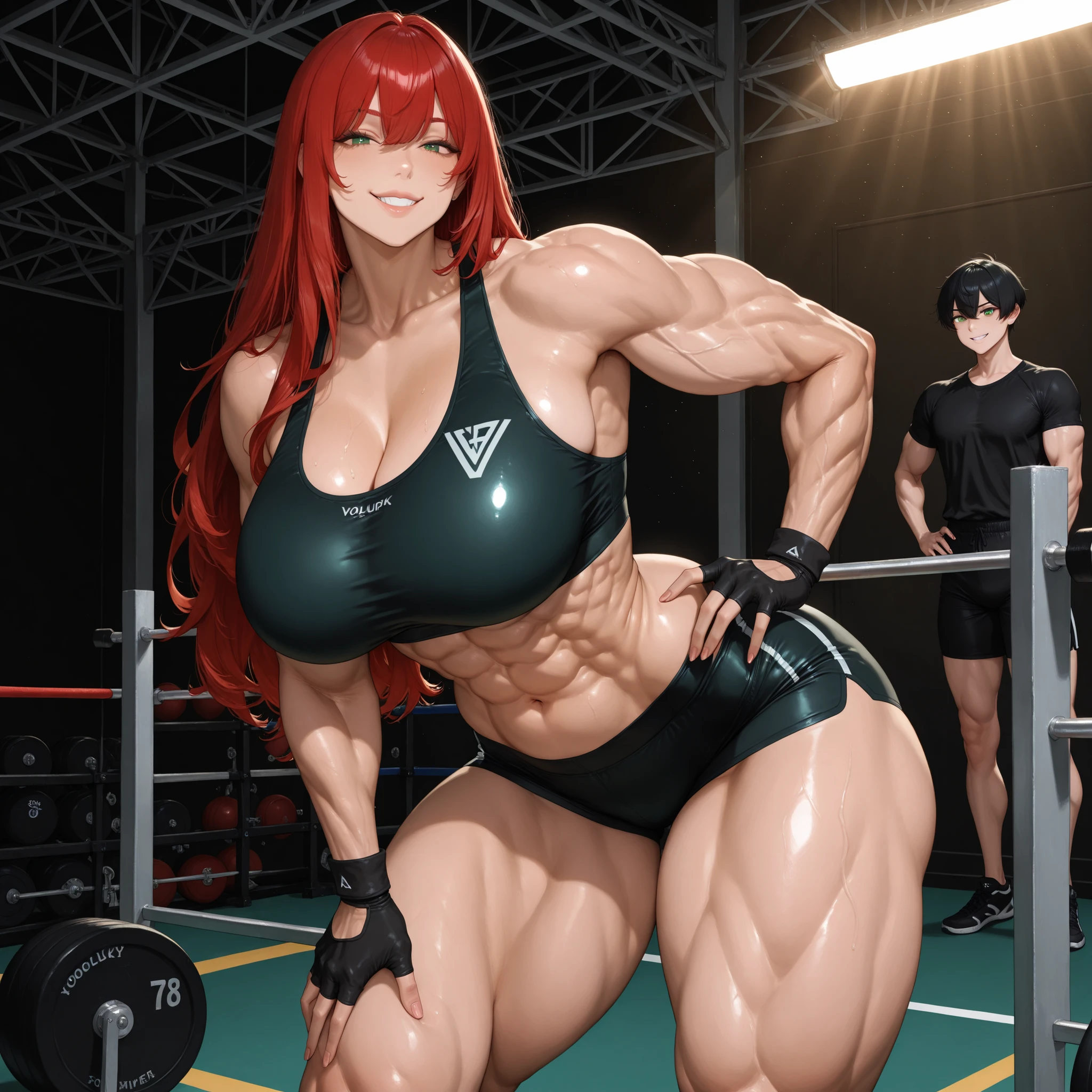 (Eine detaillierte Zeichnung von nami, female Bodybuilding , bodybuilding gym.), shirtless, barefoot