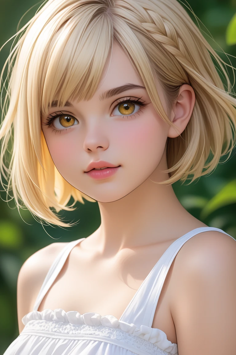Best quality，tmasterpiece，yellow tanktop，White color hair，short detailed hair，Sleep on your stomach on your table。