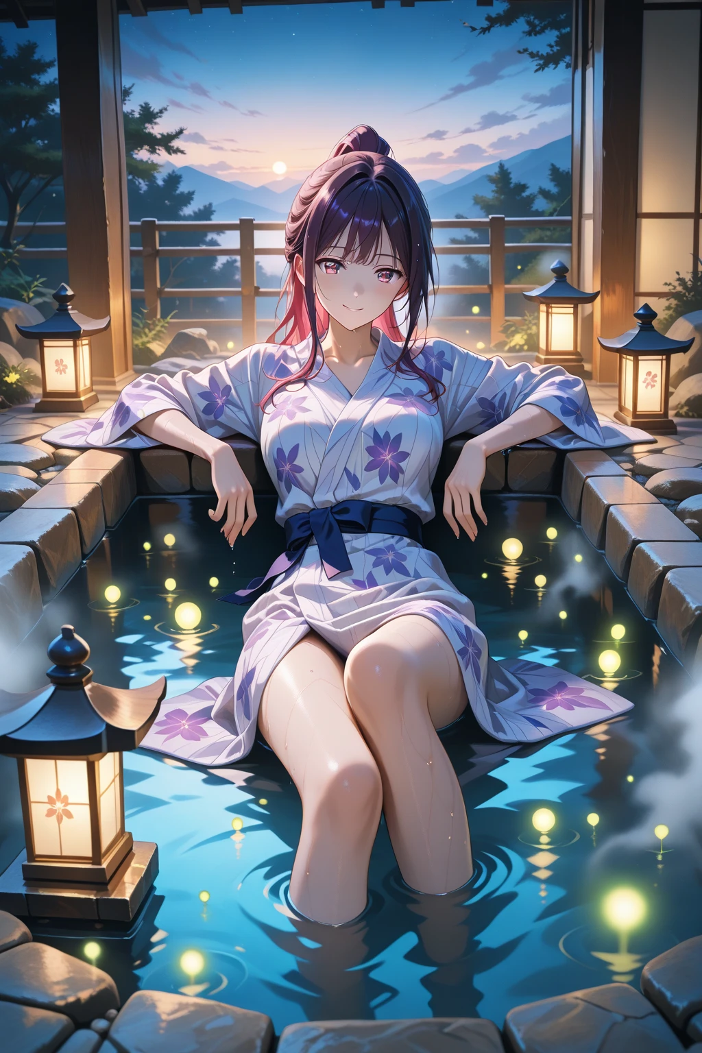 masterpiece,1girl,yukata,sunburn,darkskin,red eyes,short hair,bare foot,evil smile,blush,night,firework,feet, river,from above<lora:fmlorav1.2remaster:0.7>