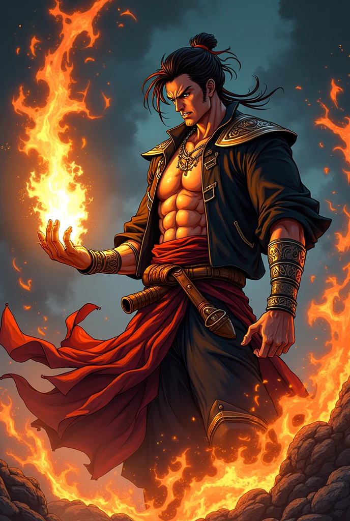 Make me a 17 year old character in the world of demon slayer, with long black and white hair, besides an eye patch, hunter's mark, and extremely strong body, apart from his haroi and cloak and some scars, besides using flame breathing