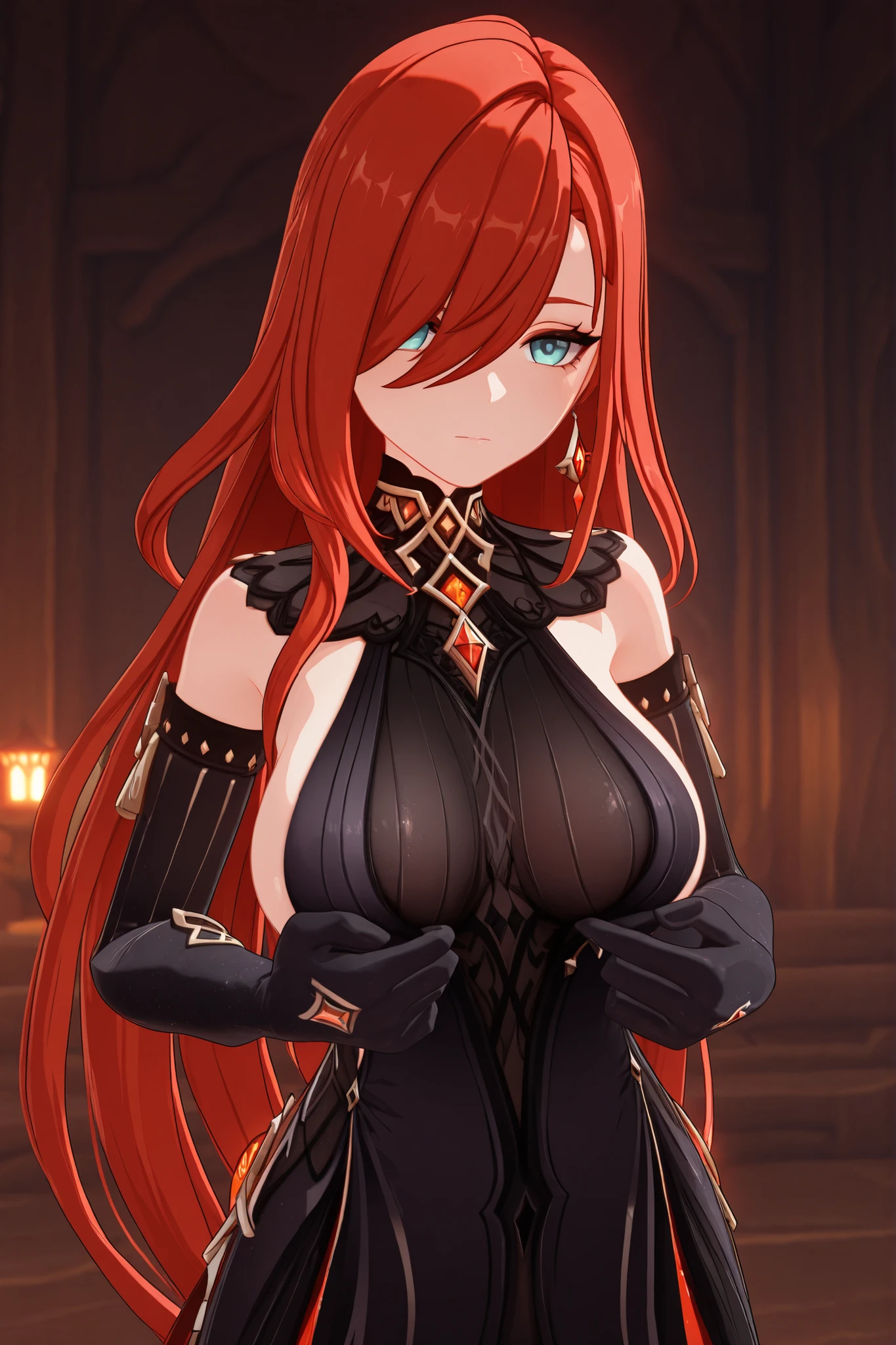 (masterpiece, best quality), (((dark, dark atmosphere)), art deco:1.4), moonlight,
a mysterious and ((bewitching)) psychic in the darkness of her shack in the roaring twenties,
(1girl, solo), young, sitting, dynamic pose , full lips, (heterochromia), looking at viewer, knowing smile, medium breast, orange and red hair, (long messy hair:1.4), (strapless black dress, hood, wide sleeves:1.4), intricate detailed necklace, earrings, plunging neckline, (freckles:0.6), close up, esper,
at night, wooden shack, tarot cards on table, dusty interior, (draped table), cobwebs, (crystal ball on table), trinkets in background, detailed background,
absurdres, realistic proportions, good anatomy,
