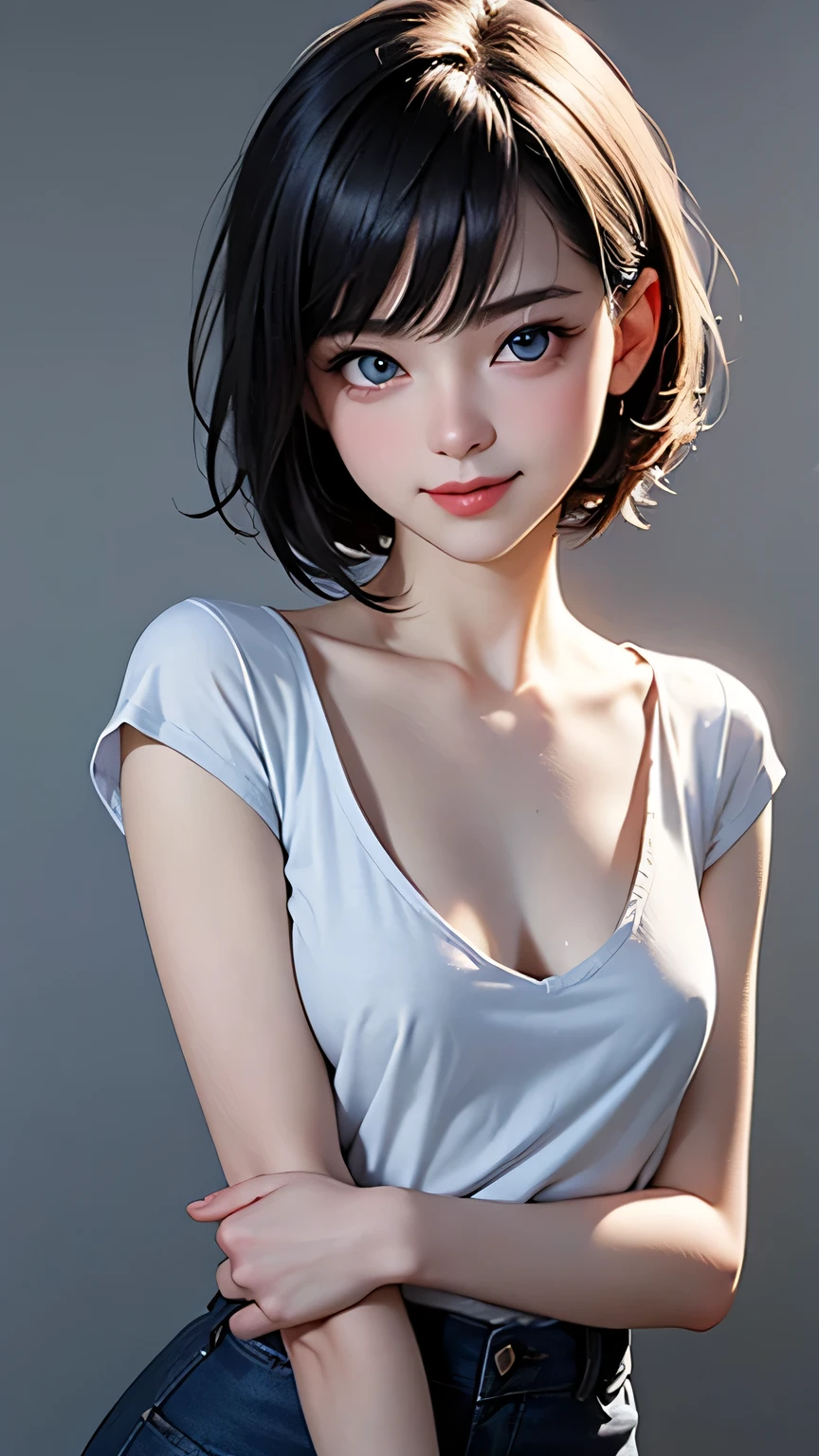Photorealistic and ultra-detailed illustration, masterpiece, when a skinny young girl is looking at camera, diligent pours in, her surroundings become brighter, blue bright eyes, flat chest, wearing visible nipple transparent loose shirt, medium short hair, she smiles and she is surrounded by gentle light, simple dark gray background,