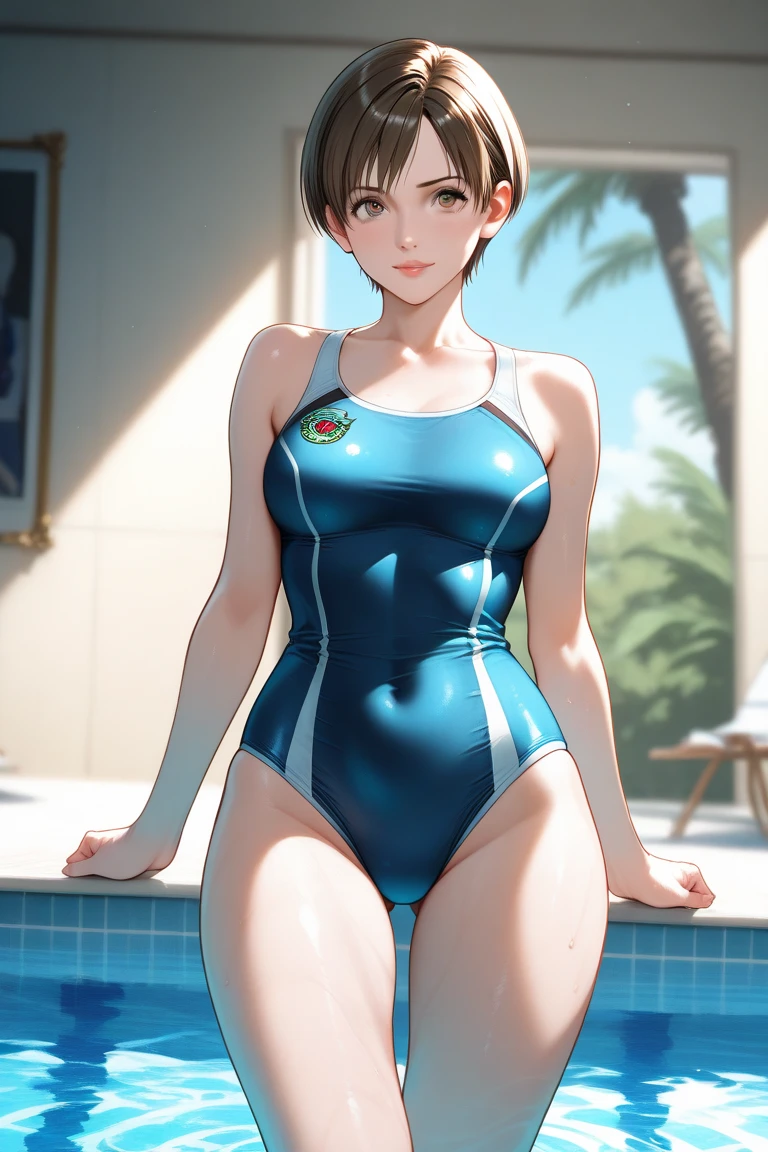 ((masterpiece, best quality)),((highres:1.2)), 1 Girl, solo, Blurred Background, (Straight Hair:1.2), ((One piece swimsuit)), ((flat chest)), Thighs, pool, ((Groin)), (slanted eyes), ((Special pose:1.2)), ((leg lift)), (Pencilskirt), bangs, short hair