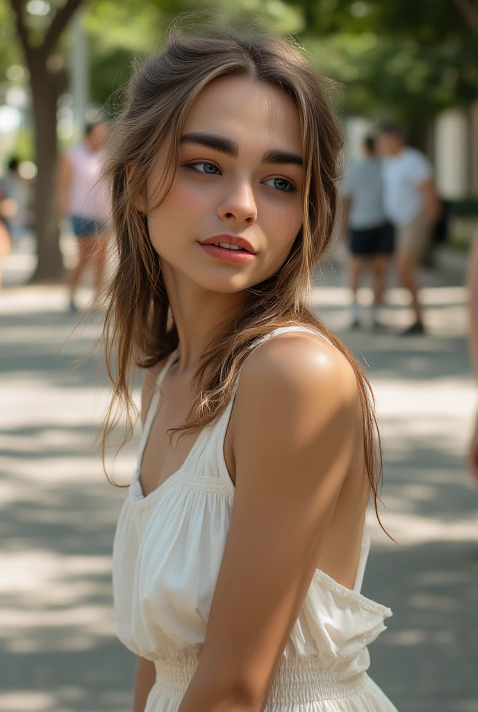 Photo of an 18-year-old, braune Haare, slightly bluish eyes, auf die Kamera zeigen, ernst, (erstaunliche Hautdetails: 1.4), (Natural skin: 1.2), (Poren: 0.6), bilden, (detaillierte Augen: 1.2), im bett, helle Grenze, dark atmosphere, (bokeh: 1.2), Fotografie, filmisch, Fotorealistisch, ultrarealistisch, Matching girl, kurzer rock, transparenter bh, perfekte Figur, perfekte Anatomie, hole body
