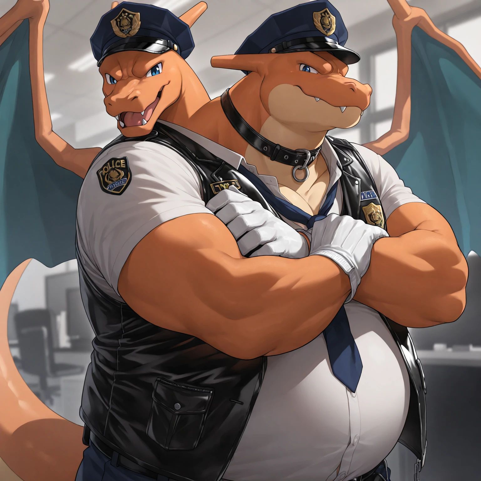 Male, fat, extremely obese, gentleman, dapper Typhlosion laying on the ground with legs spread apart, getting his diaper changed by another Typhlosion, blue eyes, (soft shading), 4k, hi res, ((detailed face, detailed)), looking at viewer, evil grin, Airport, TSA, TSA Uniform, collared shirt with buttons, hat, male focus, Police Uniform, glasses, monocle, vest with buttons, sleeves rolled up, round eyewear, headwear, vest, Typhlosion is wearing a glossy leather dog collar around the neck, Typhlosion is wearing the leather collar and shirt and vest at the same time, Typhlosion is wearing glossy white rubber gloves on the hands, wearing white rubber gloves on the feet, gloves are rubber in texture, mouth wide open, evil laugh, clenching fists, leather collar is glossy and shiny with a lot of detail, Typhlosion is wearing gloves and leather collar at the same time, leather collar has a round dog-tag, leather collar is thick and detailed, white rubber gloves on the feet, Typhlosion is wearing gloves and leather collar at the same time, leather collar has a round dog-tag, leather collar is thick and detailed, leather collar is glossy and shiny, fancy clothing, dapper vest, dapper shirt, leather collar is thick, glossy leather collar, Typhlosion is wearing a dirty diaper, Fat Typhlosion is getting his diaper changed by a second Typhlosion, second Typhlosion is wearing gloves, second Typhlosion is wearing a leather collar, second Typhlosion is removing the dirty diaper from the fat Typhlosion, fat Typhlosion's crotch is exposed.