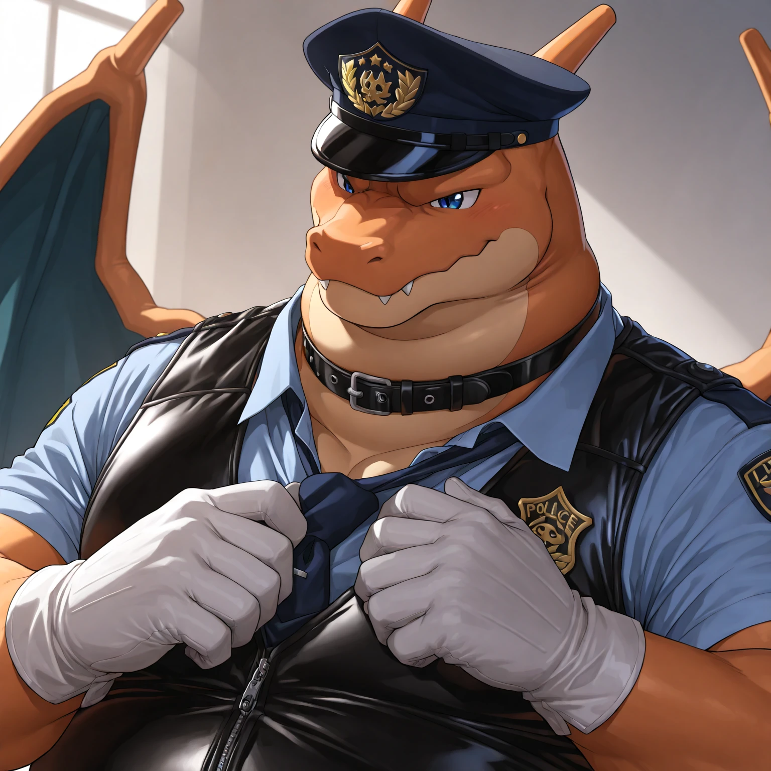 Solo, Male, fat, squatting, extremely obese, gentleman, dapper Typhlosion, pooping in diaper, blue eyes, (soft shading), 4k, hi res, ((detailed face, detailed)), looking at viewer, evil grin, Airport, TSA, TSA Uniform, collared shirt with buttons, hat, male focus, Police Uniform, glasses, monocle, vest with buttons, sleeves rolled up, round eyewear, headwear, vest, Typhlosion is wearing a glossy leather dog collar around the neck, Typhlosion is wearing the leather collar and shirt and vest at the same time, Typhlosion is wearing glossy white rubber gloves on the hands, wearing white rubber gloves on the feet, gloves are rubber in texture, mouth wide open, evil laugh, clenching fists, leather collar is glossy and shiny with a lot of detail, Typhlosion is wearing gloves and leather collar at the same time, leather collar has a round dog-tag, leather collar is thick and detailed, white rubber gloves on the feet, Typhlosion is wearing gloves and leather collar at the same time, leather collar has a round dog-tag, leather collar is thick and detailed, leather collar is glossy and shiny, fancy clothing, dapper vest, dapper shirt, leather collar is thick, glossy leather collar, Typhlosion is wearing a dirty diaper