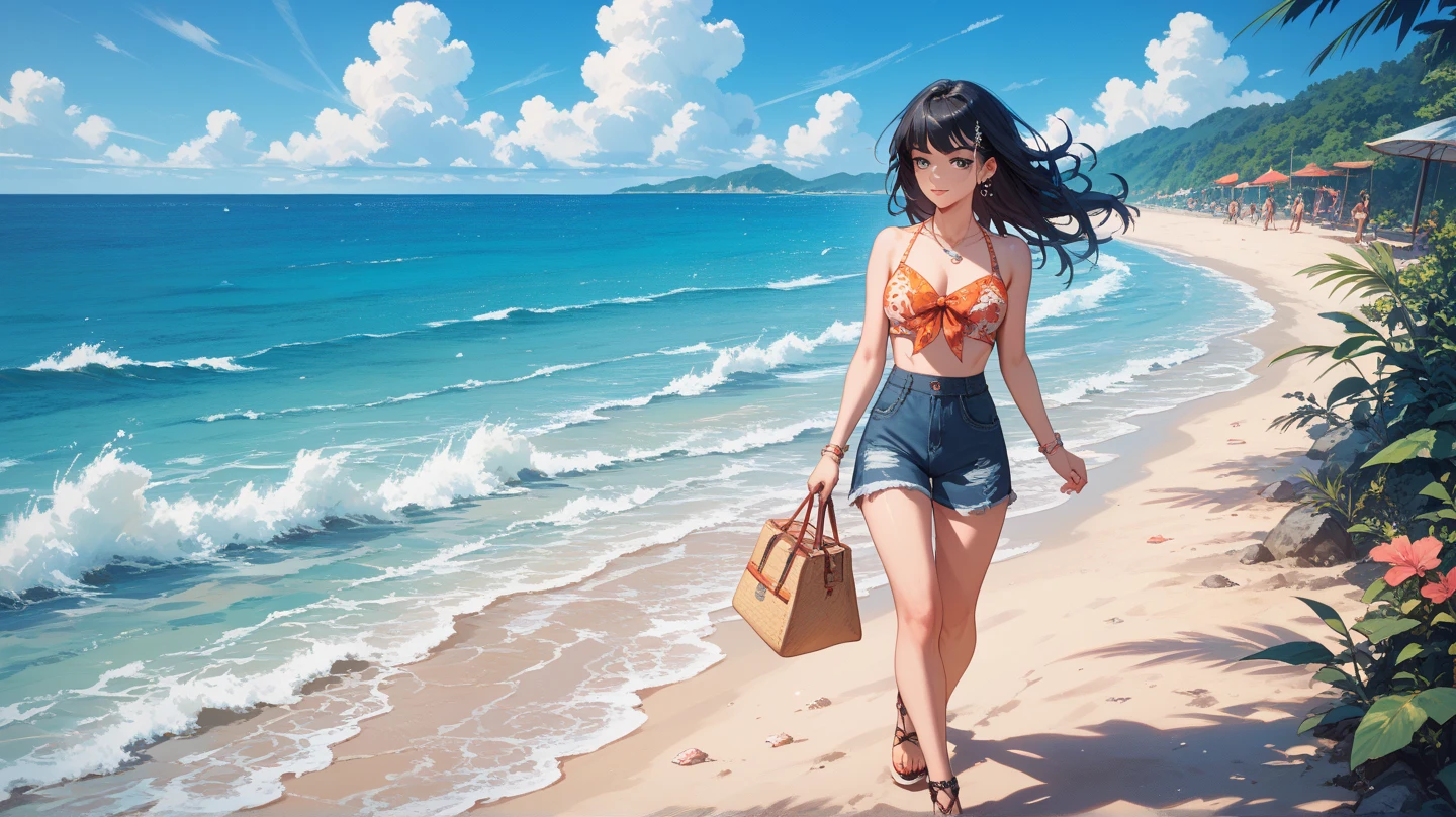woman,upright,Diagonal angle of view,Put your right foot in front of your left,beach,Entrance clouds in the background
