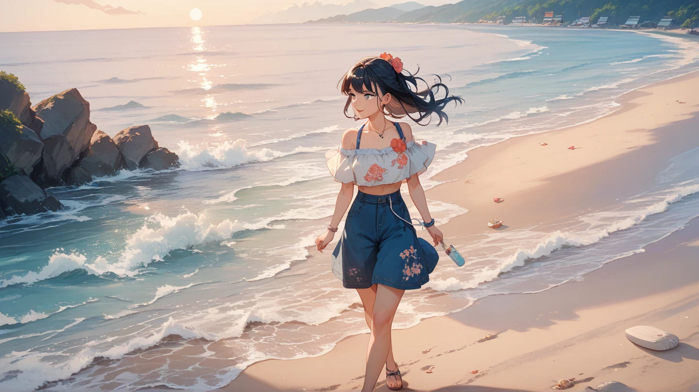 Beautiful beach，There is a sexy girl standing on the beach