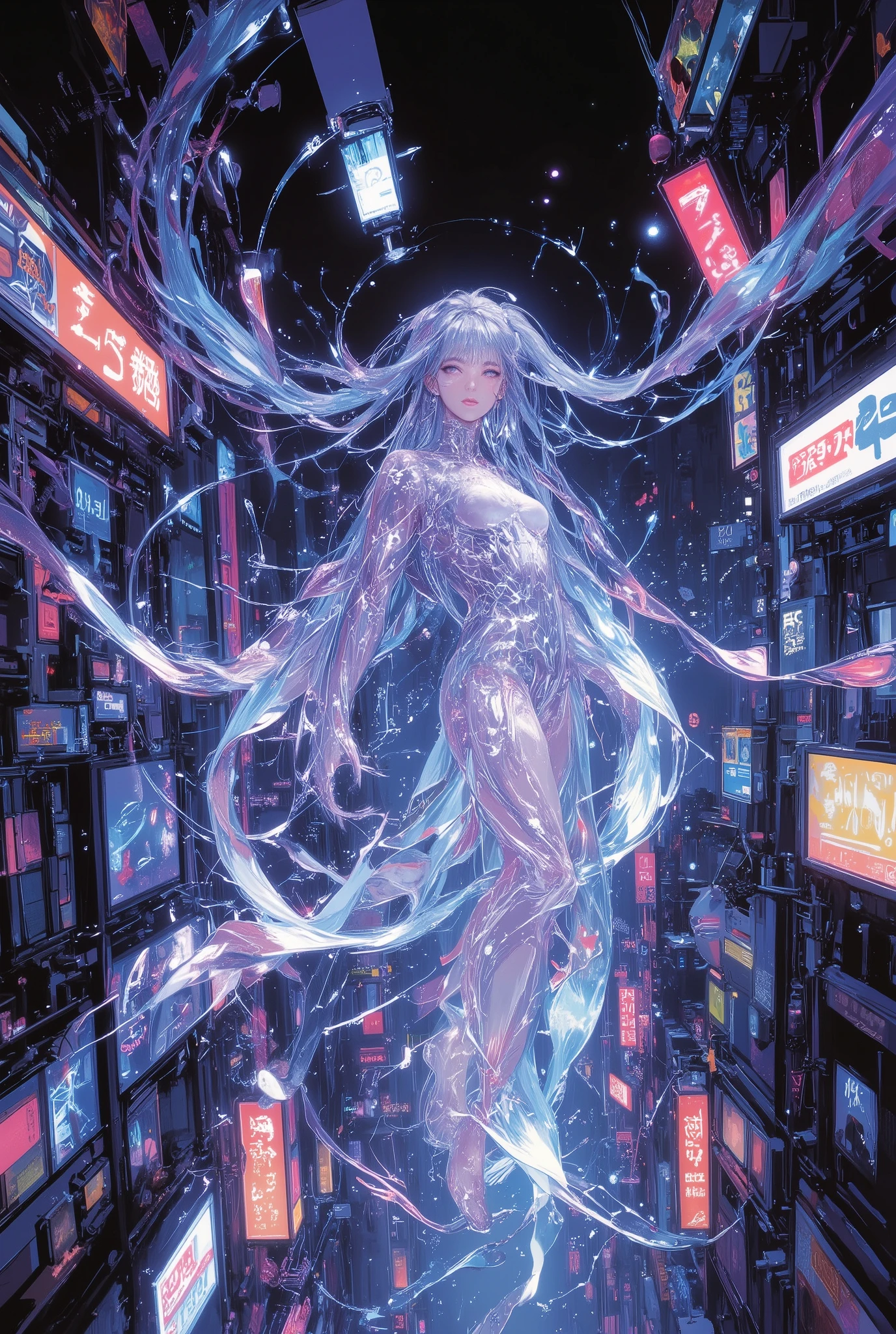 Glass girl with long transparent hair flies over the night city