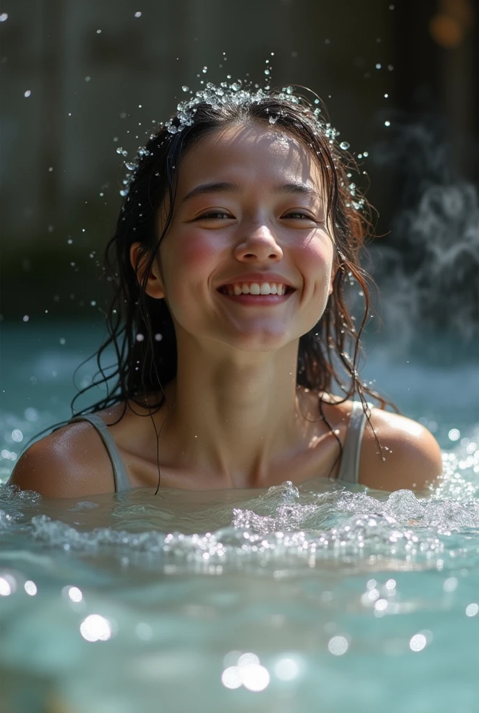 facing back, ((Super close-up of ????????)), in poolside, small ?????? swimsuit, ((Wear a t-shirt over your swimsuit)), ((tshirts)), Clothes are wet and see-through, Smiling smile, (The FW), 1womanl, 独奏, 24 year old, 7headed body, (Ideal ratio body proportions), (Composition from head to thigh), erectile ??????, ???? body, Wet, short-hair, A dark-haired, small ????, A slender, Small ????????, beauty legs, Skinny Legs, surrealism, Cinematic lighting, depth of fields, One-person viewpoint, F/1.8, 135 mm, nffsw, masutepiece, ccurate, ((Anatomically correct)), Textured skin, Super Detail, high details, High quality, awardwinning, Best Quality, hight resolution, 8K