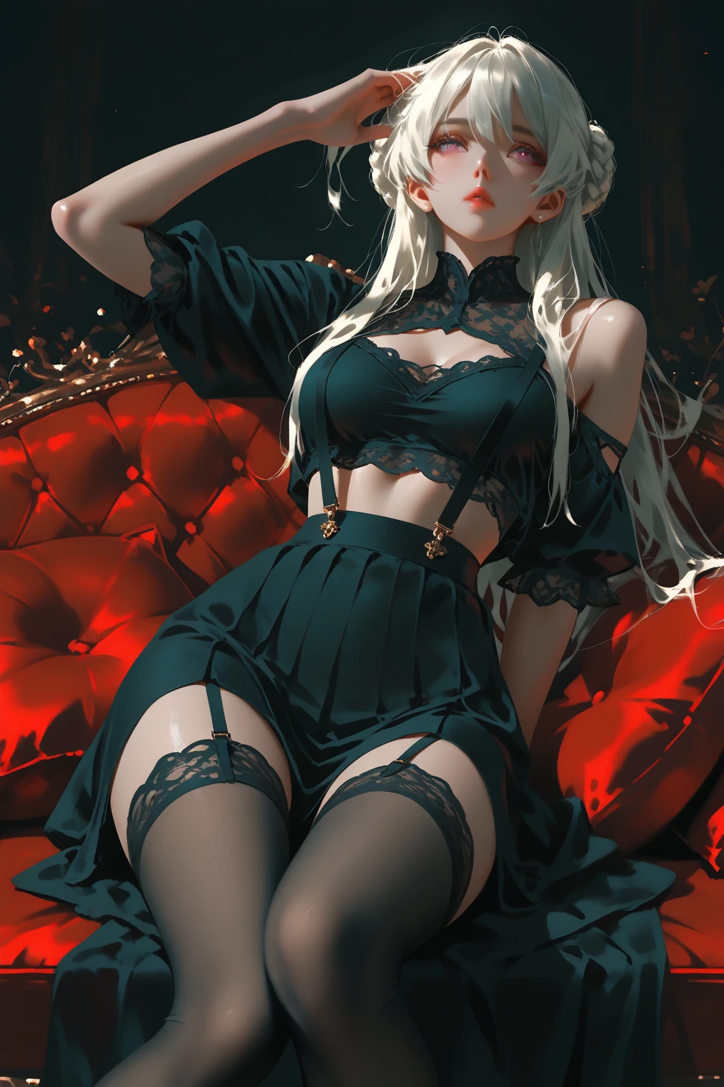 ((High Resolution, Detailed Face, Detailed Eye, Detailed Body, Light and Shade Contrast, Cinematic Lighting, 8K, Textured Skin, Antialiasing, FKAA)), [Full Body Shot], Perfect Human Structure, Perfect Anatomy, Dark skin, Dark-skinned Female, Long Hair, Pink Hair, Drenched in Sweat, Thick, Wet, Small Breast, Short Skirt Cheongsam, Black Cheongsam, Panties Exposed, Panties Barely See Under Skirt, Five Fingers, Textile shading, Luxury Living-Room, Luxury Background, Golden Light Background