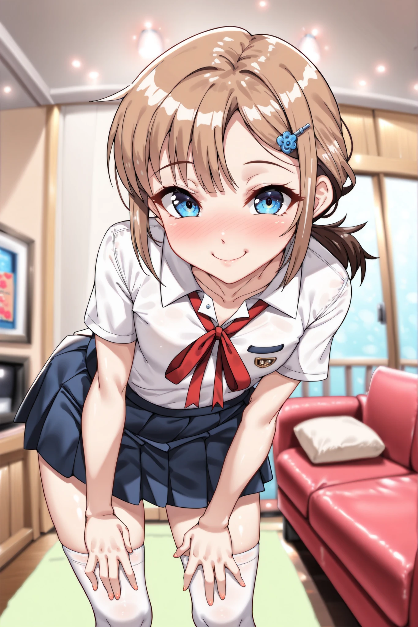 a high-quality digital drawing, clean and sharp details, anatomically correct, ((vibrant colors)), 1girl, ((cinematic lighting)), (masterpiece), (8k quality), (top rated on pixiv), (cutiepie), sfw, (moe), (closed mouth),
break,
((short round face)), ((large, detailed and virant blue eyes)), naturally curved eyelashes, small and subtly defined nose, (((slim build))), (fair skin),
break,
((long brown hair)), (low ponytail), (natural waves), smooth bangs, (blue hairpin),
break,
((outfit: japanese high school school summer uniform with red ribbon)), ((blue pleated skirt)), (white thigh-high socks), ((chest 24 inches)), ((waist 19 inches)), ((hips 22 inches)),
break,
((leaning)), ((looking at viewer)), ((heavy blush)), ((teasing smile)), ((detailed japanese living room)), (depth of field),