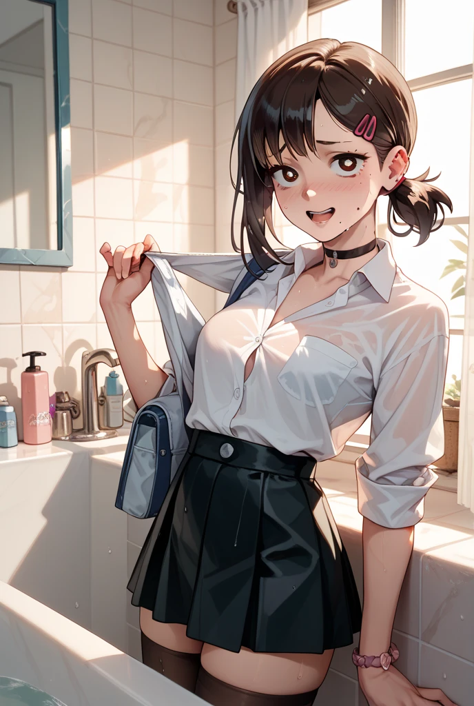 best quality,masterpiece,1girl,solo,(((NSFW))),(((9years old))),japanese girl,an extremely cute and beautiful girl,highly detailed beautiful face and eyes,petit,cute face,lovely face,baby face,shy smile,show teeth,black hair,medium long hair,Hairless pussy,flat chest,skinny,slender,(((wearing a wet transparent white short shirt and grey mini skirt))),(((standing in a classroom))),she is looking at the viewer,hands lift up dress,(upskirt above the waist:1.1),(no panties:1.1),(legs spread wide:1.1),(no bra:1.1)
