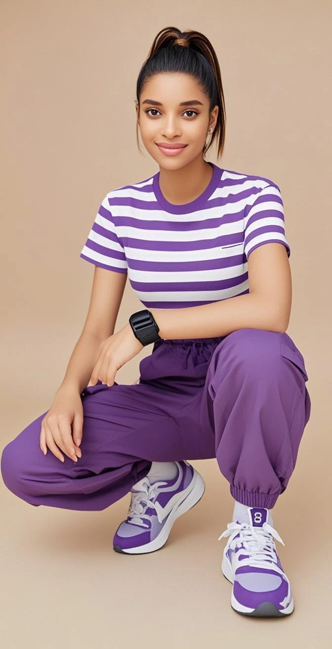 Full length image of black haired woman wearing a fuchsia pink shirt with short sleeves, the white sleeves, The woman sits on a chair wearing grey sports leggings and white tennis shoes