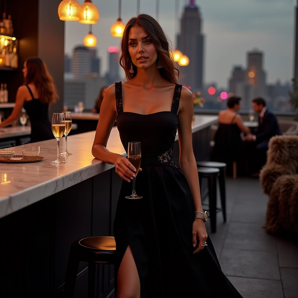 A chic woman, bathed in a spotlight, confidently stands at a luxurious bar, her silhouette accentuated by the sleek, form-fitting dress she wears. She orders a tantalizing cocktail, the bartender skillfully mixing the drink with a flair that adds to the ambiance. The bar, adorned with polished marble and glimmering chandeliers, exudes an air of sophistication and allure. The atmosphere is filled with the soft, sultry sounds of jazz music, creating an enchanting evening scene.