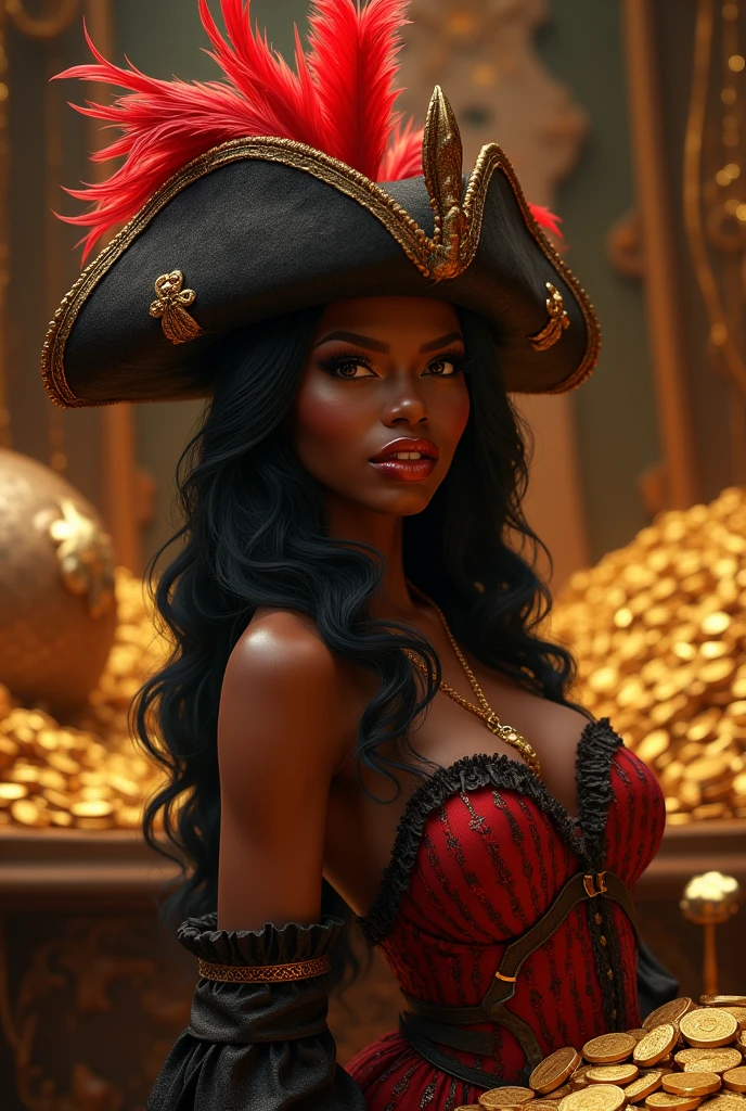  beautiful girls,big boobies , pirate outfit,dark skin tone , curled hair , on a ship,   starry sky in the afternoon, ao por do sol