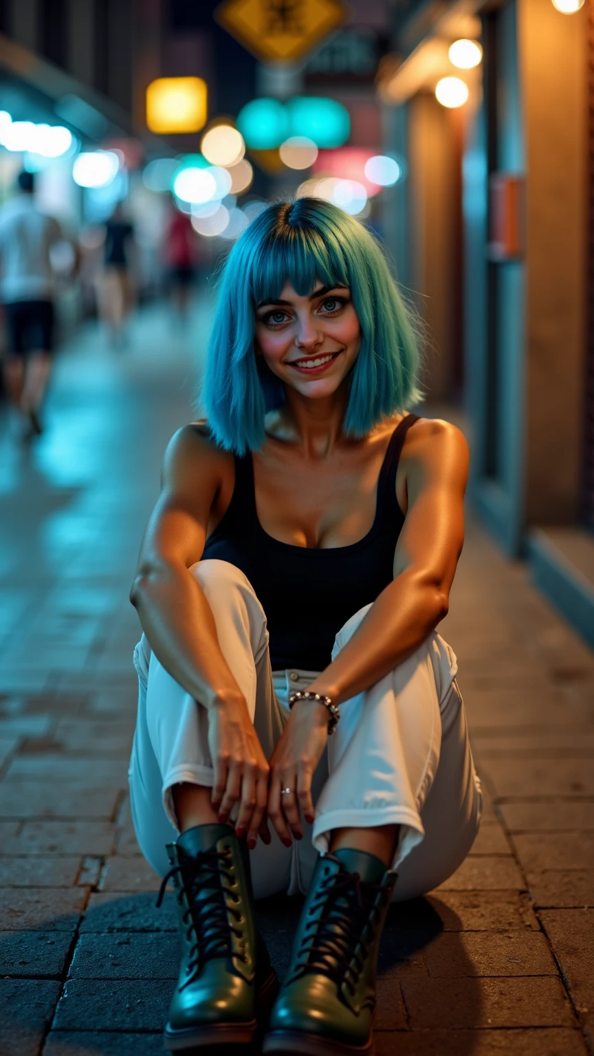 russian woman, 20 year, hair blue, streets of Brazil, sunset, sitting on the chair, 
