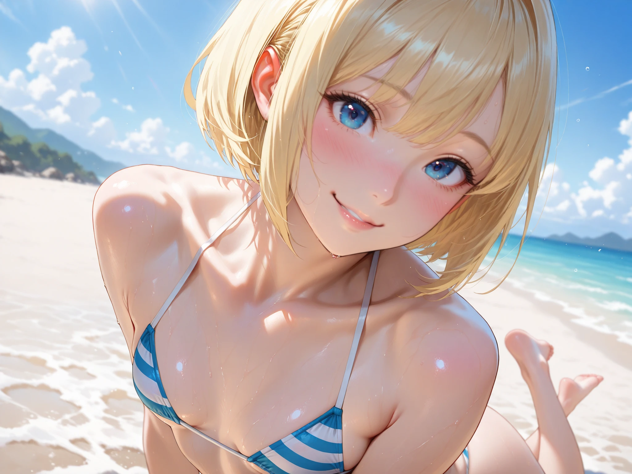 One Woman, Highest quality, masterpiece, Super Resolution, Large Breasts, Idol, Beauty, ((From the front 1.2)), Cleavage, 8k, High resolution eyes, High-resolution contours, ((Forehead visible 1.3)), Stylish, High-resolution pupils, blush,  High resolution face, High resolution breasts, Ultra HD, Open your mouth, Upper Body, High resolution mouth, Sexy body, ((Super cool face 1.5)), ((Hanging 1.3)), short hair, Broken bangs, Blonde, Yellow Eyes, model, Mature Woman, Adult women, Beautiful clavicle, High resolution hair, Mother, maternal, Micro Bikini, Underboob, Sideboob, Beach,  Married Woman, couple, super beautiful, 