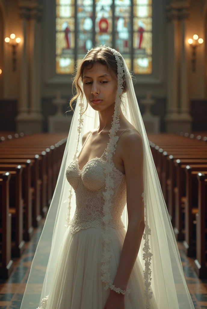 A fat white girl, de 18 anos, Brazilian, with modest dress ,  nude big breast in a Catholic church wearing a hair-length sequined veil at mass, medium length curly dark blonde hair, and dark brown eyes 
