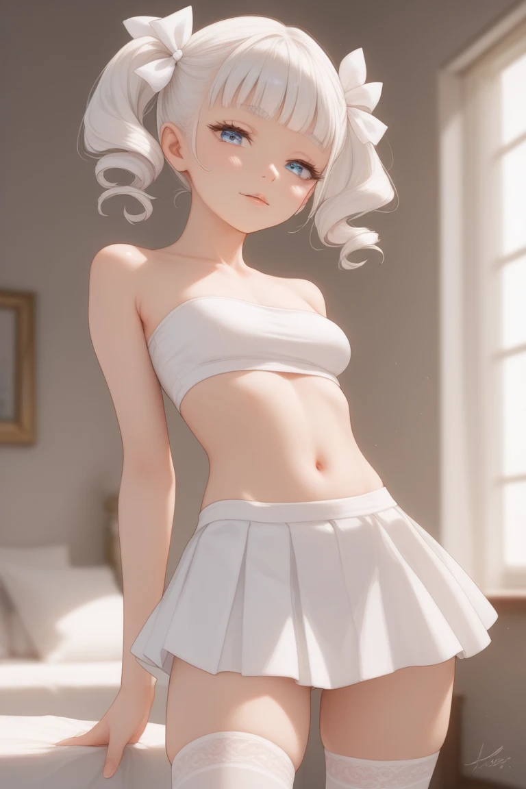 ((best quality)), ((masterpiece)), (detailed), NSFW, small breasts, prominent collarbones, skinny arms, flat stomach, visible hip bones, long hair, red hair, white hair, blonde hair, dark hair, ponytail, thick ponytail, heavy ponytail, NSFW Fluttering lace frilly petticoats, pleated petticoats
