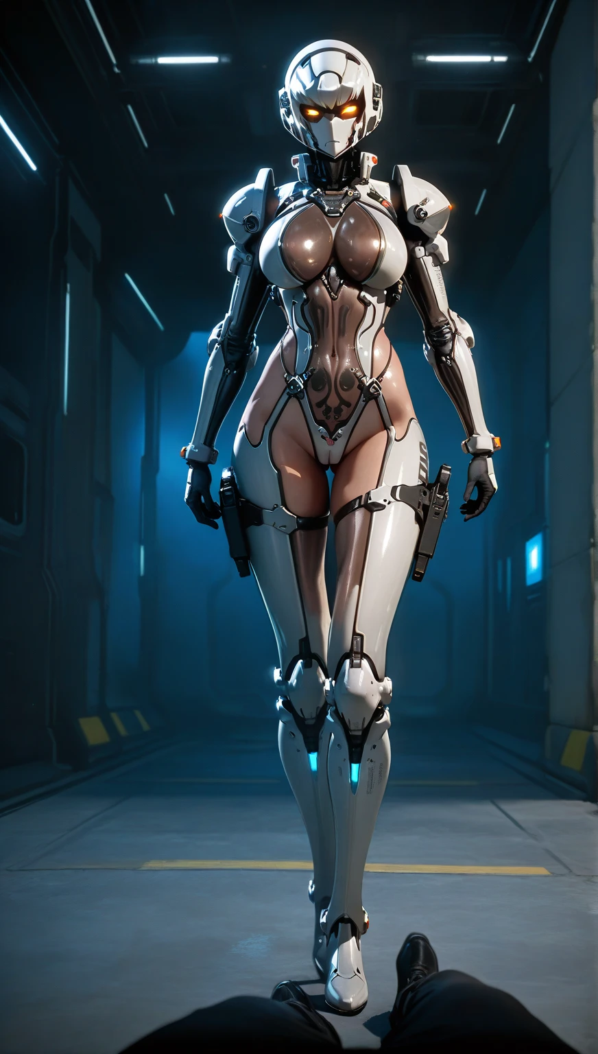 Beautiful young girl, thick thighs, cybernetic body parts, short and tight clothing, big tits, sensual and seductive