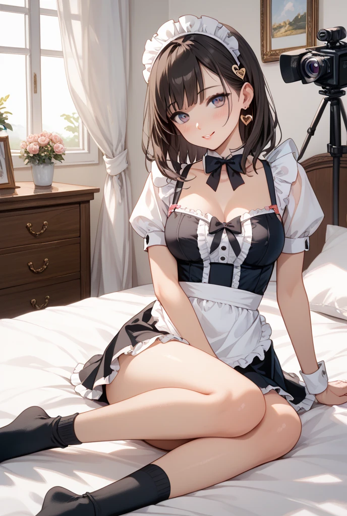 masterpiece, Highest quality、indoor、sitting、smile、Bed、Spread your legs wide、gloves,, Twin tails, short Twin tails, Hair Ribbon, Red ribbon, choker, ribbon choker, clavicle, Short sleeve,, Medium chest, Bubble Skirt, Bow skirt,Twin tails,8k images、Cute maid outfit、Dress nicely、Best Photos、Cowboy Shot、[3D Images:1.25],[[Attractive eyes,Detailed eyes、Shining Eyes, Colorful eyes:1.25]]、、whole、Front view、alone、Best Photos, Soft Light, Attractive eyes、Large Breasts,Cowboy Shot