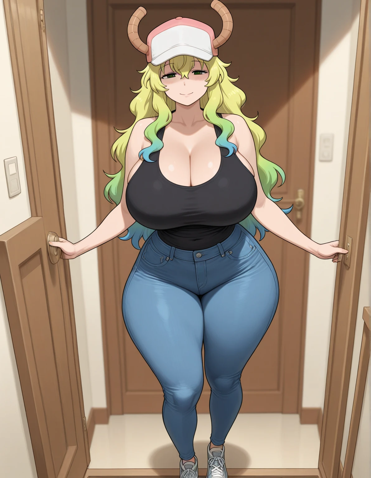 Lucoa, 1 girl, old, Lucoa (maid), horns THROUGH HEADWEAR, horns, Thighs, Alone, Closed eyes, has, Bermuda, wide, multicolor fur, SMILE, BLACK Thighs, Sleeveless, baseball cap, green fur, by rubio, DRAGON horns, dragon girl, faded hair, blush, pink hats, LARGE old, denim Bermuda, standing, SHORT Bermuda, door, INdoorS, denim, Closed mouth, neckline, BLUE Bermuda, HUGE old, BLACK Sleeveless, wavy fur, black shirt,1 girl, Alone, Upper part of the body, in front of the viewer, looking at the viewer, SMILE,huge nipples, Pool,hard nipples, huge huge natural breasts, hard nipples, erect nipples,lying on the bed in her room, giant breasts, huge huge huge natural breasts, hard nipples, giant breasts super enormes,gran SMILE en su cara , huge nipples, huge huge huge nipples,giant breasts